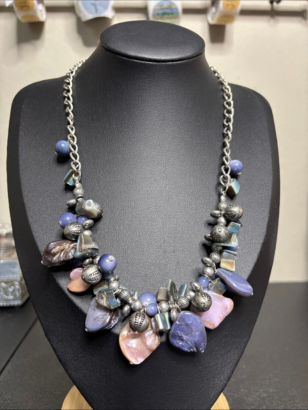 Handcrafted Purple Pink Shell Abalone Silver Tone Statement Necklace